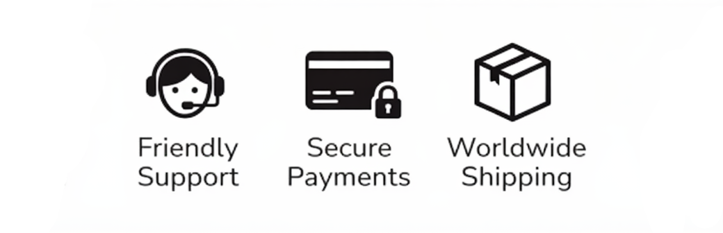 Set of icons representing friendly support, secure payments, worldwide shipping, and 30-day return policy.